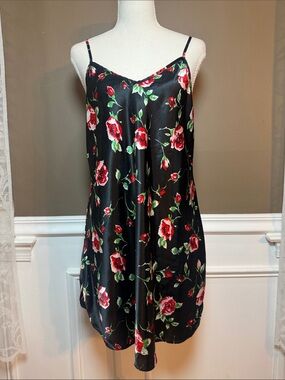 Vintage 90s Dentelle Rose Floral Satin Slip Dress Chemise M